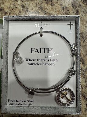 NWT Faith Adjustable Stainless Steel Bangle with Cross Charm